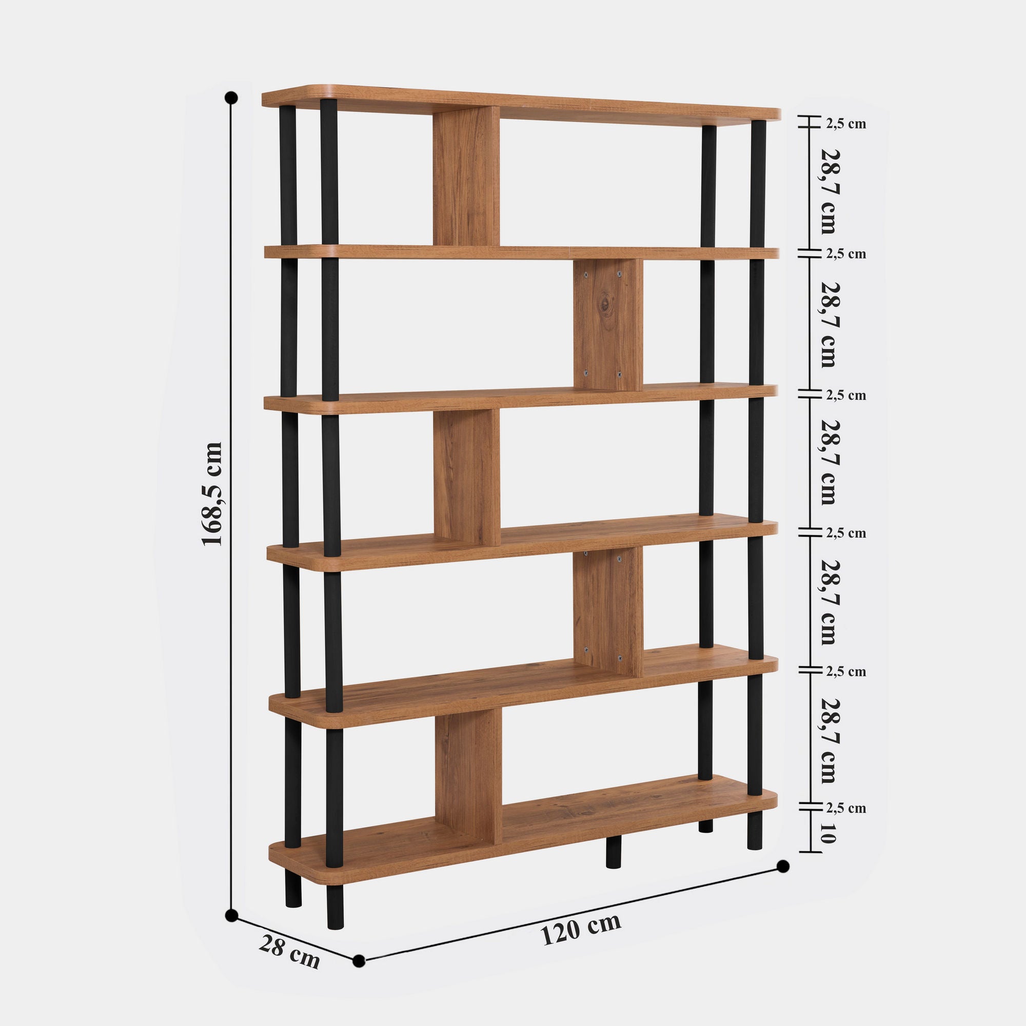 Estante de livros – 120 cm x 168,5 cm x 28 cm – Preto e Pinho Atlântico – Painéis de partículas revestidos de melamina