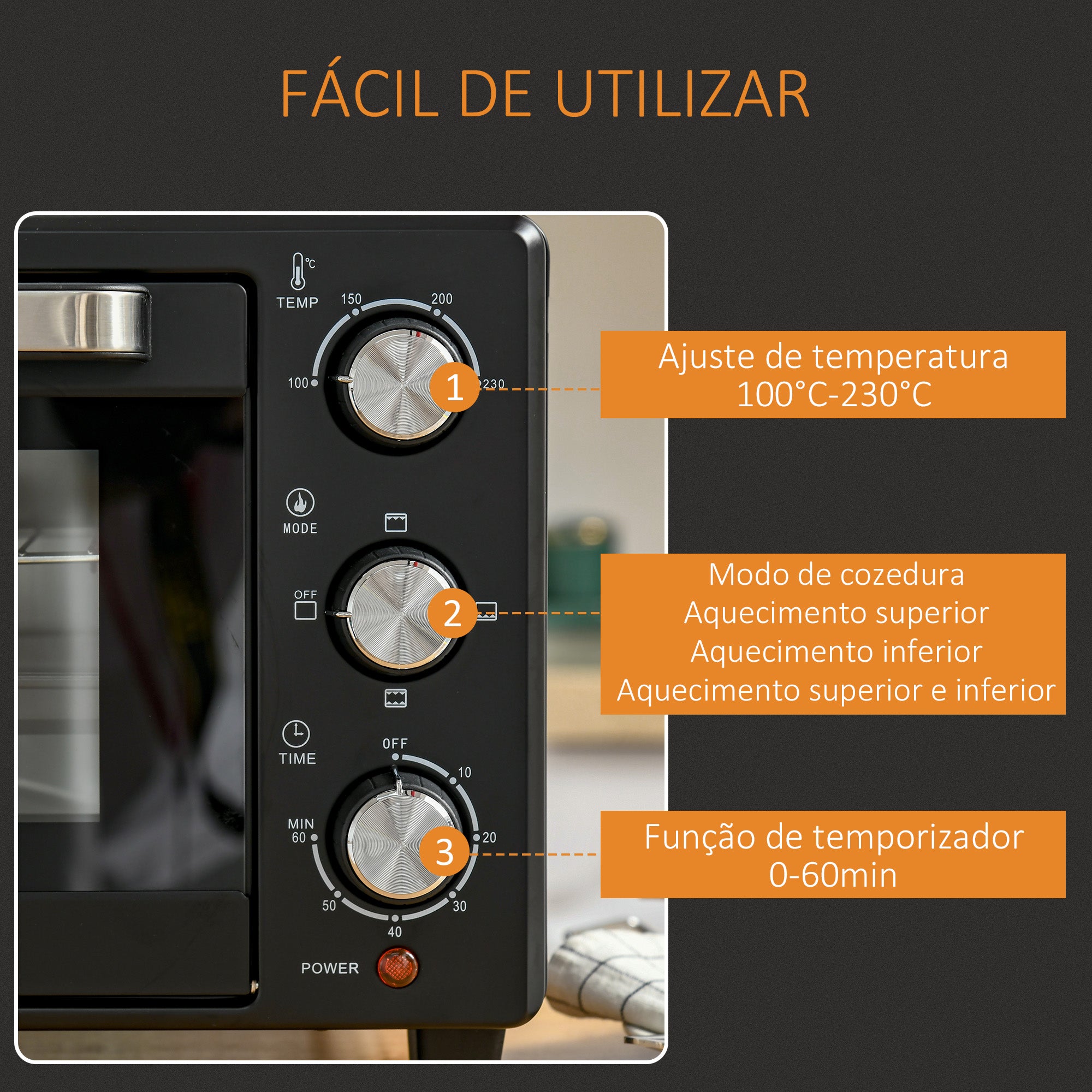 Mini Forno Elétrico – 21L – Preto – Metal e Vidro Temperado