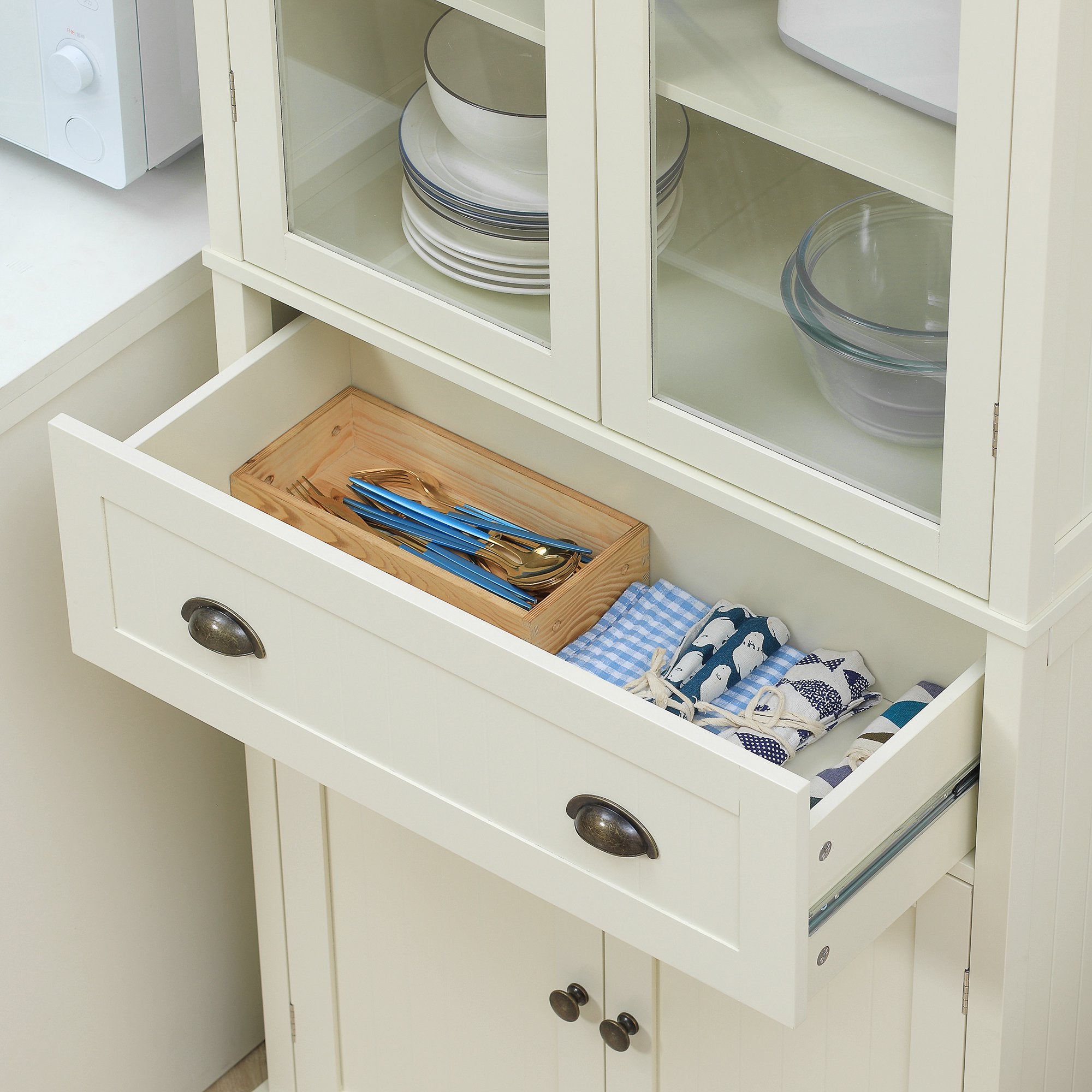 Armário de Cozinha com 2 Portas de Vidro e Gaveta 76x40x182.5cm Branco