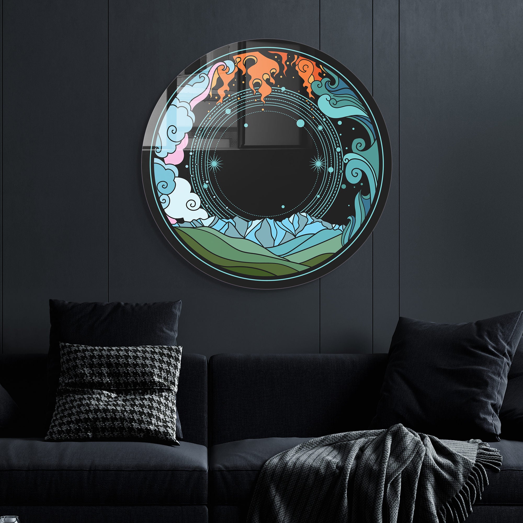 Pintura Decorativa em Vidro Temperado Multicolor - 60cm de Diâmetro, Espessura 4mm