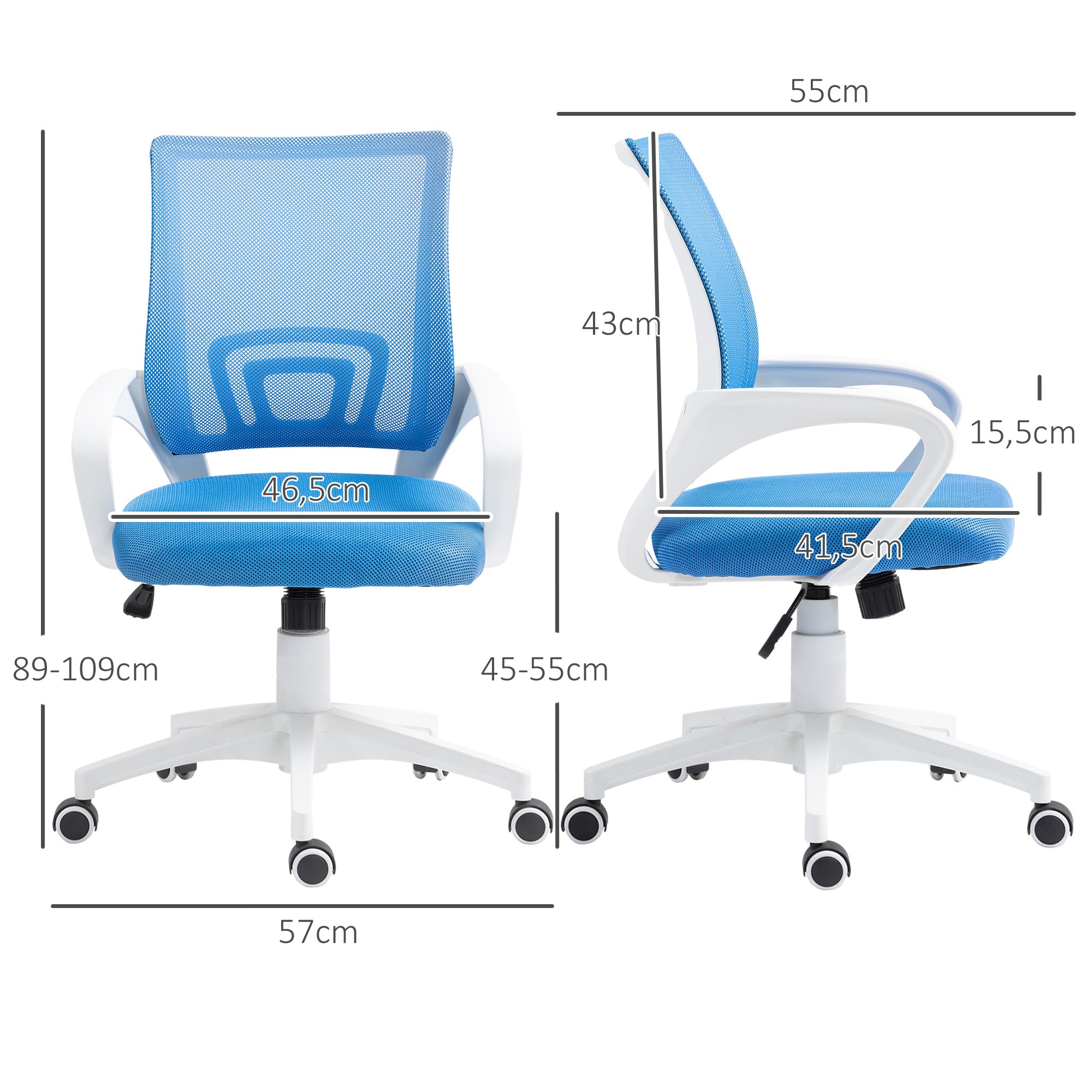 Cadeira de Escritório de Malha Azul – 57x55x89-109 cm – Malha 100% poliéster
