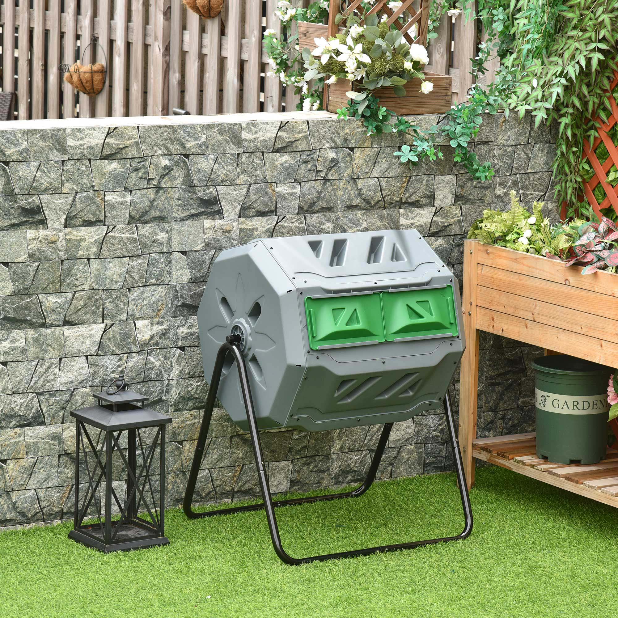Compostor de Tambor Giratório 160L - 71x65x96 cm - Cinza e Verde - Aço e Plástico