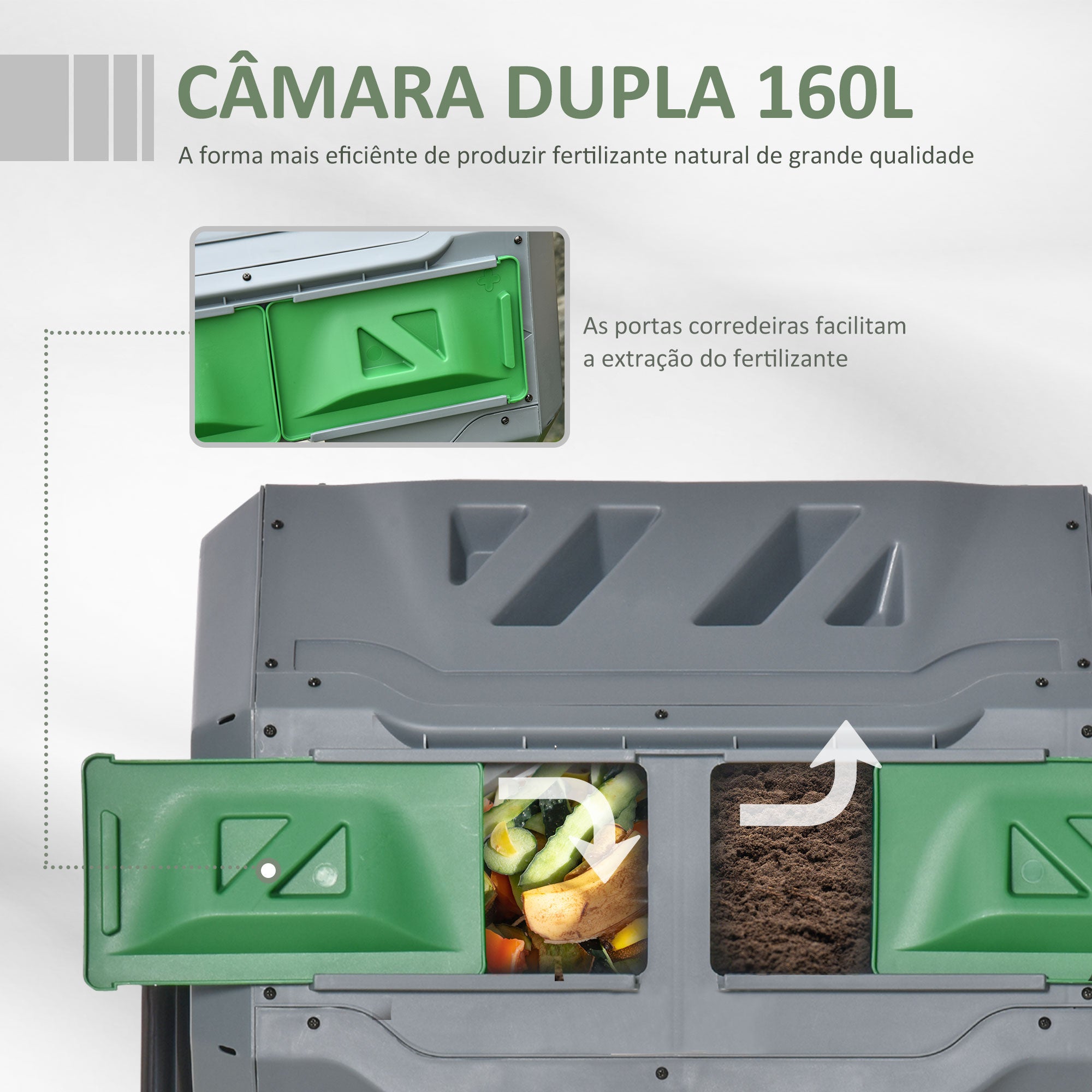 Compostor de Tambor Giratório 160L - 71x65x96 cm - Cinza e Verde - Aço e Plástico