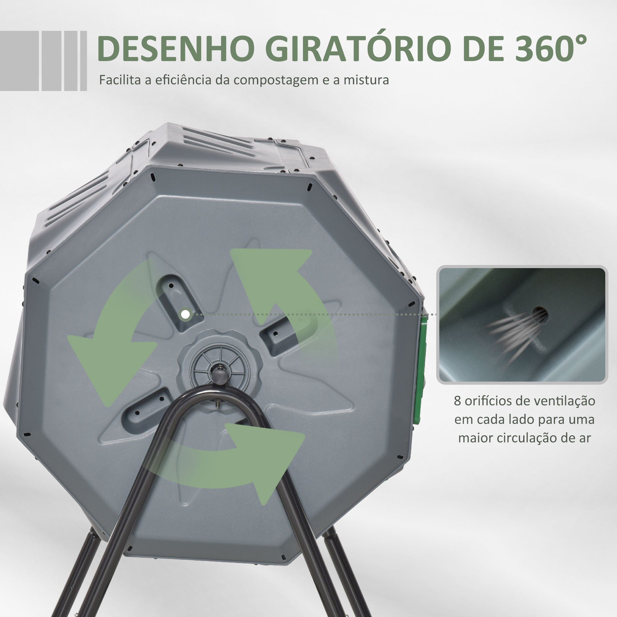 Compostor de Tambor Giratório 160L - 71x65x96 cm - Cinza e Verde - Aço e Plástico