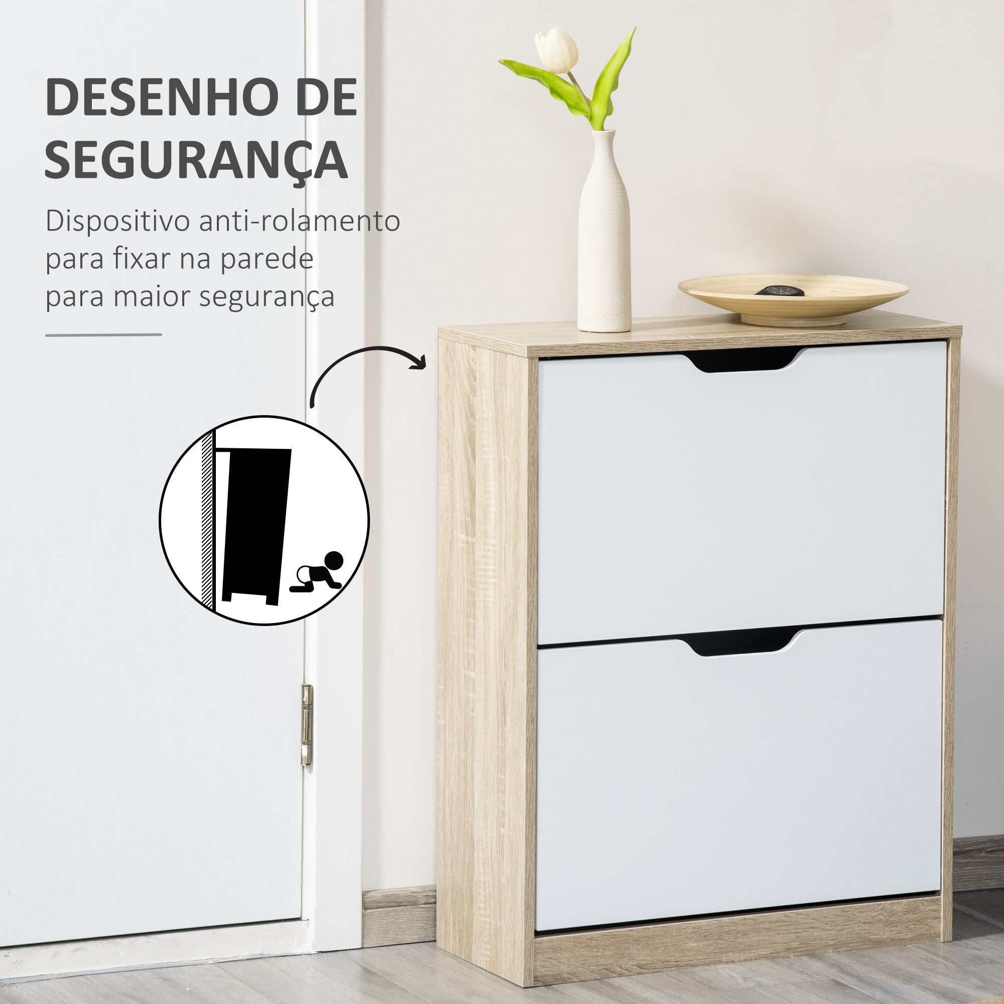 Sapateira de Madeira – 62,5x26x81cm – Cor Natural e Branco – MDF