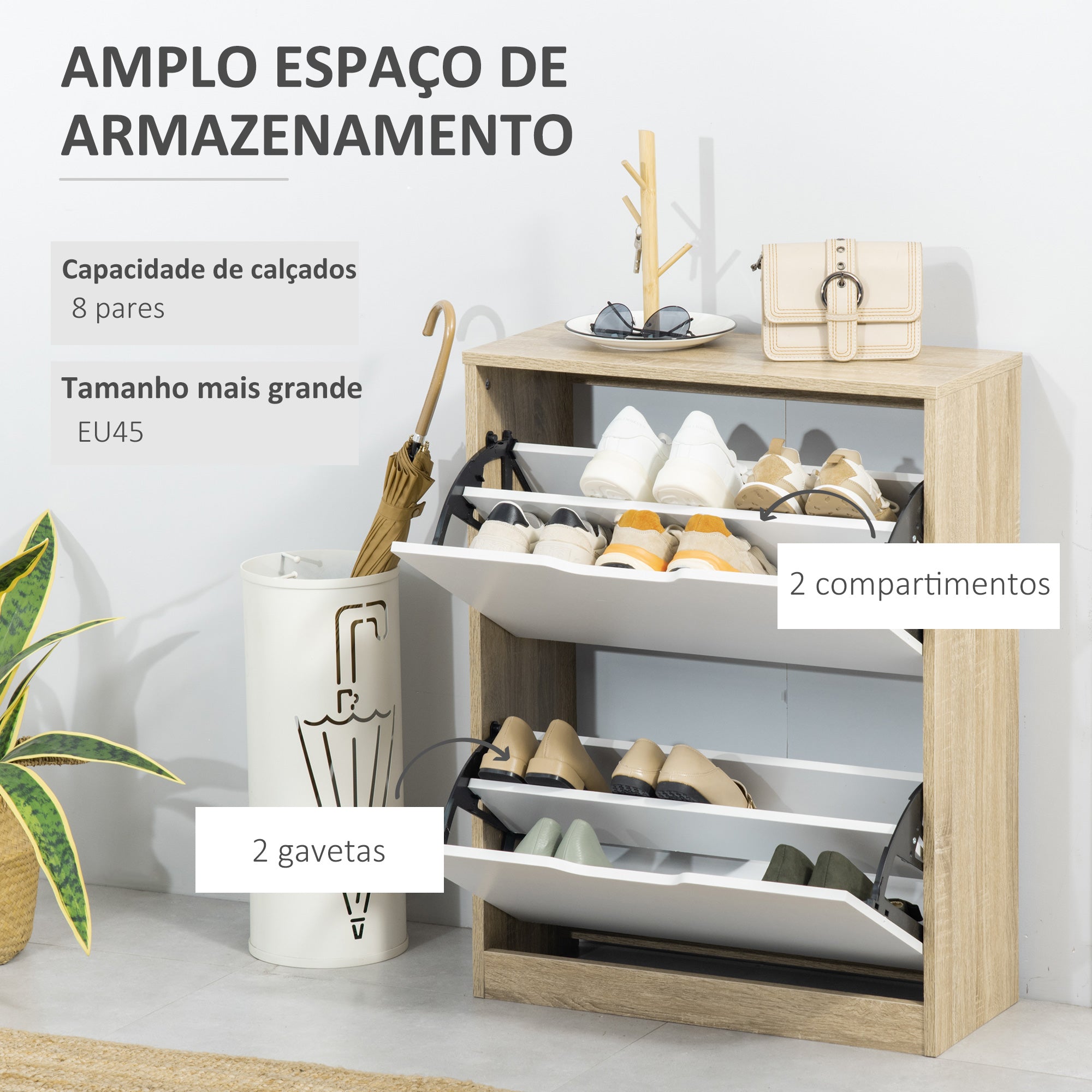 Sapateira de Madeira – 62,5x26x81cm – Cor Natural e Branco – MDF