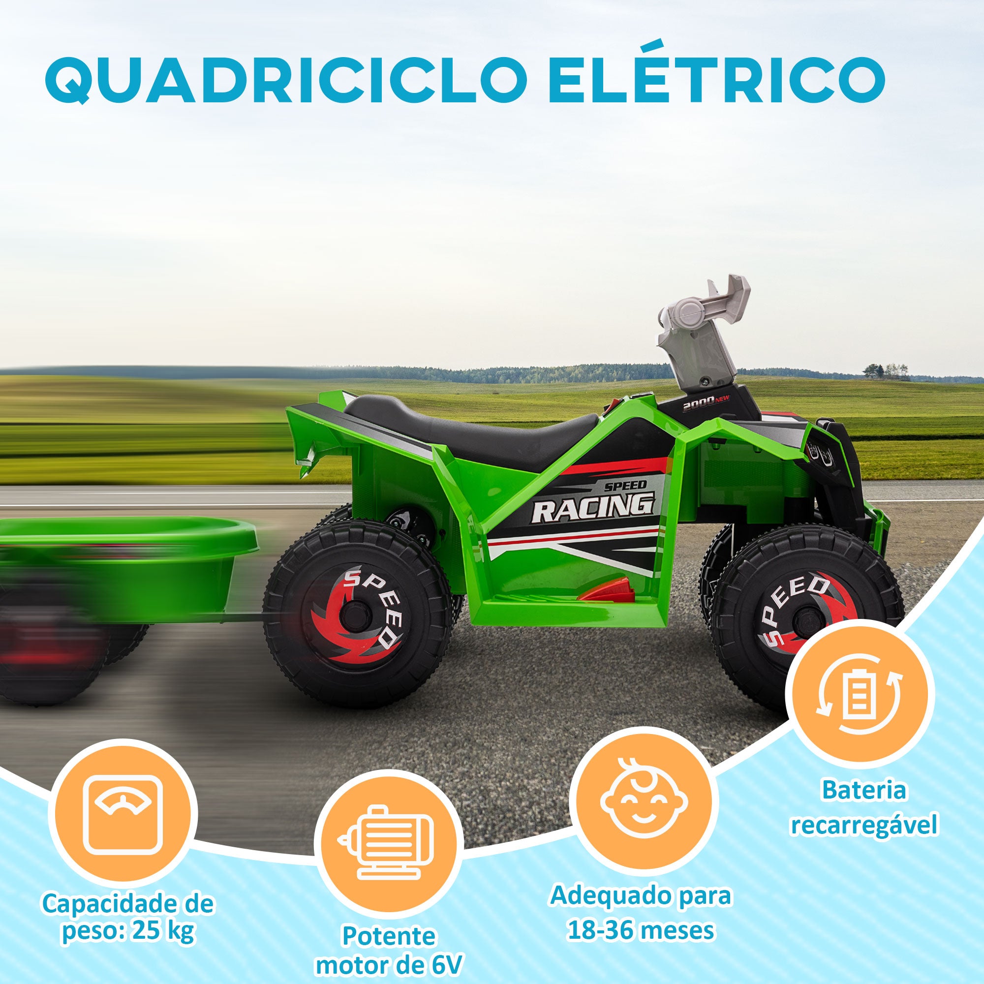 Quadriciclo Elétrico – 106x41,5x48,5 cm – Verde – PP e Metal