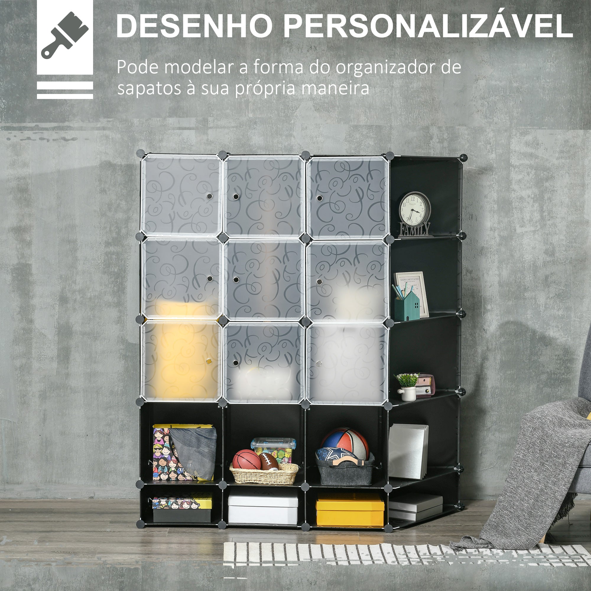 Armário Modular de Plástico com 16 Cubos 145x46x162cm - Preto e Branco