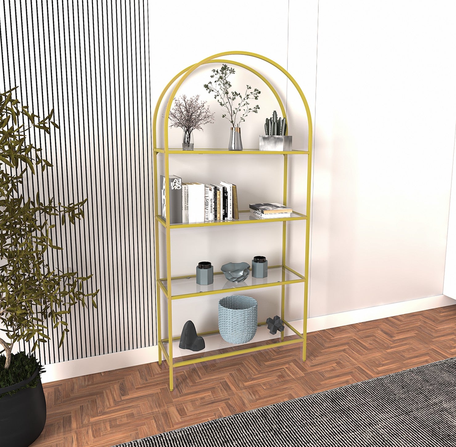 Estante de livros – 80 cm x 175 cm x 30 cm – Dourado – Metal e vidro