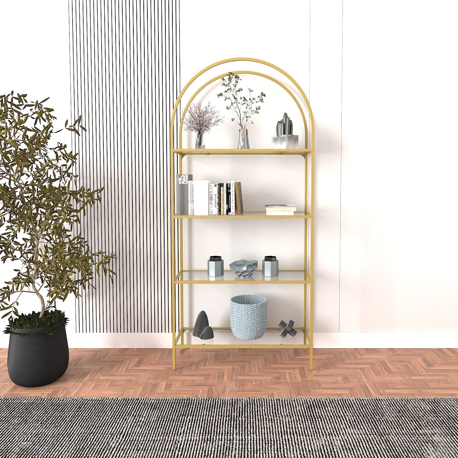 Estante de livros – 80 cm x 175 cm x 30 cm – Dourado – Metal e vidro