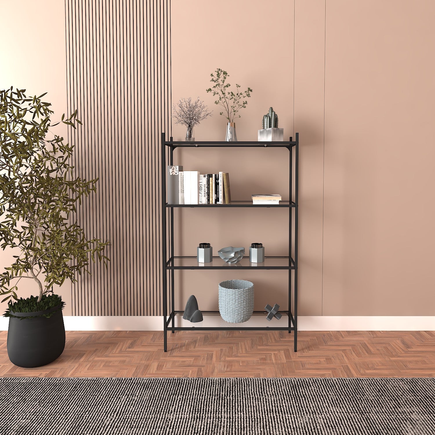 Estante de livros – 80 cm x 126 cm x 30 cm – Preto – Metal e vidro