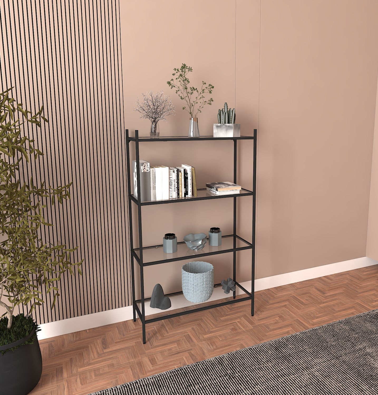 Estante de livros – 80 cm x 126 cm x 30 cm – Preto – Metal e vidro