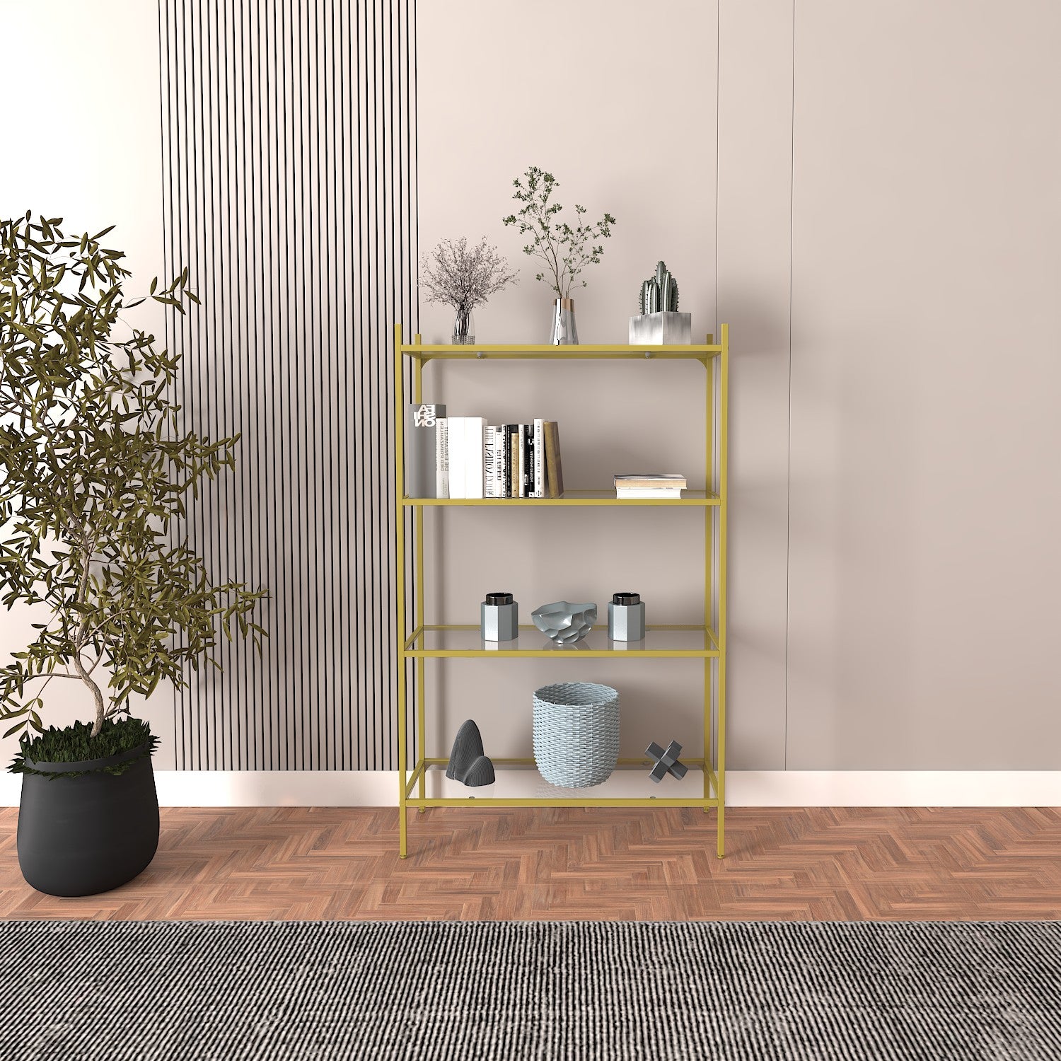 Estante de livros – 80cm x 126cm x 30cm – Ouro – Vidro e metal