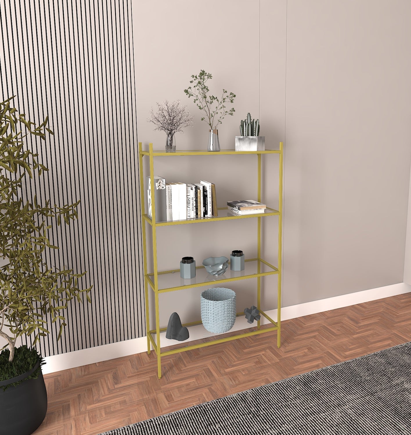 Estante de livros – 80cm x 126cm x 30cm – Ouro – Vidro e metal