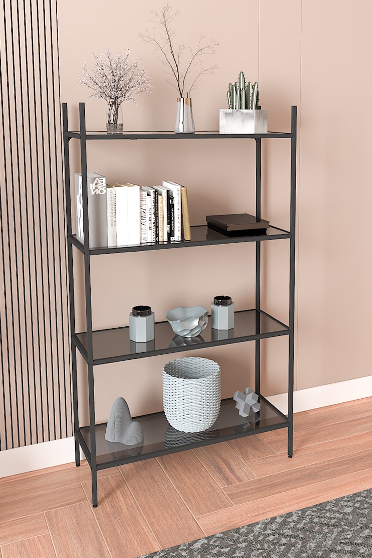 Estante de livros – 80x126x30 cm – Preto – Metal e vidro temperado