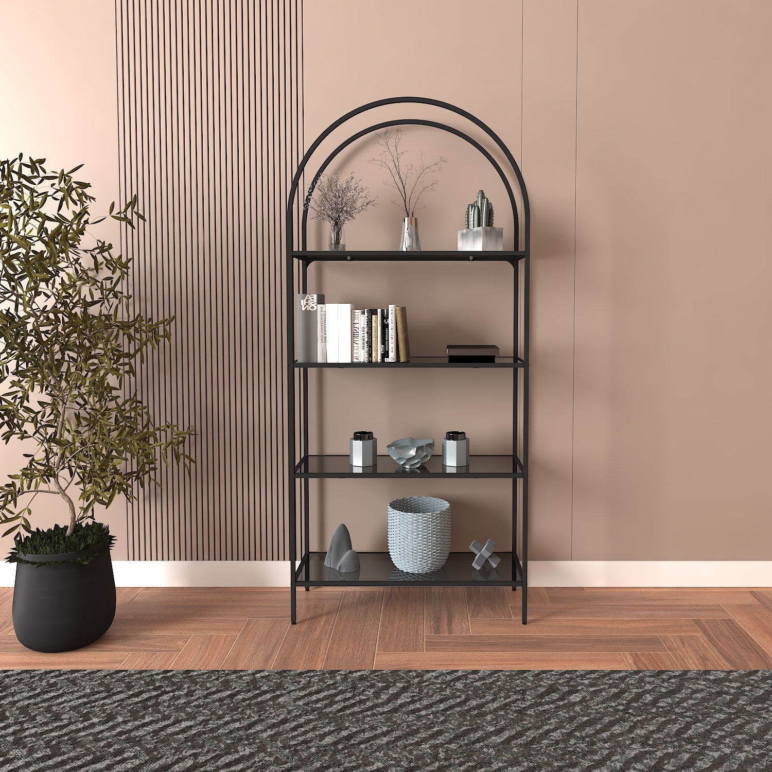 Estante de livros – 80 cm largura, 175 cm altura, 30 cm profundidade – Preto – Vidro temperado