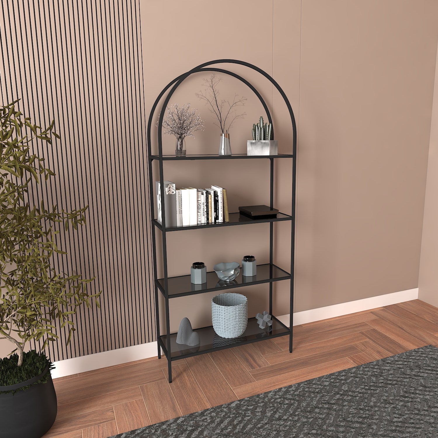 Estante de livros – 80 cm largura, 175 cm altura, 30 cm profundidade – Preto – Vidro temperado