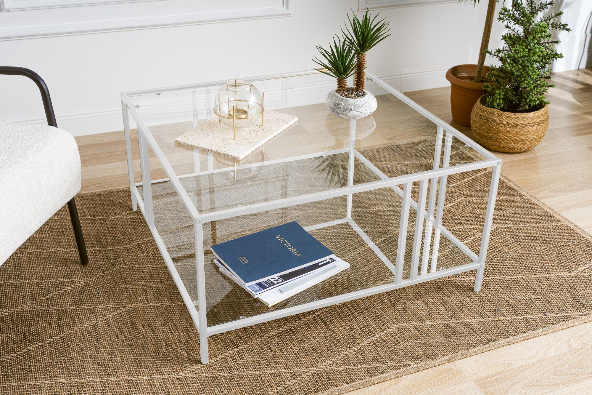 Mesa de Centro – 80 cm x 45 cm x 80 cm – Branco e Transparente – Vidro e Metal