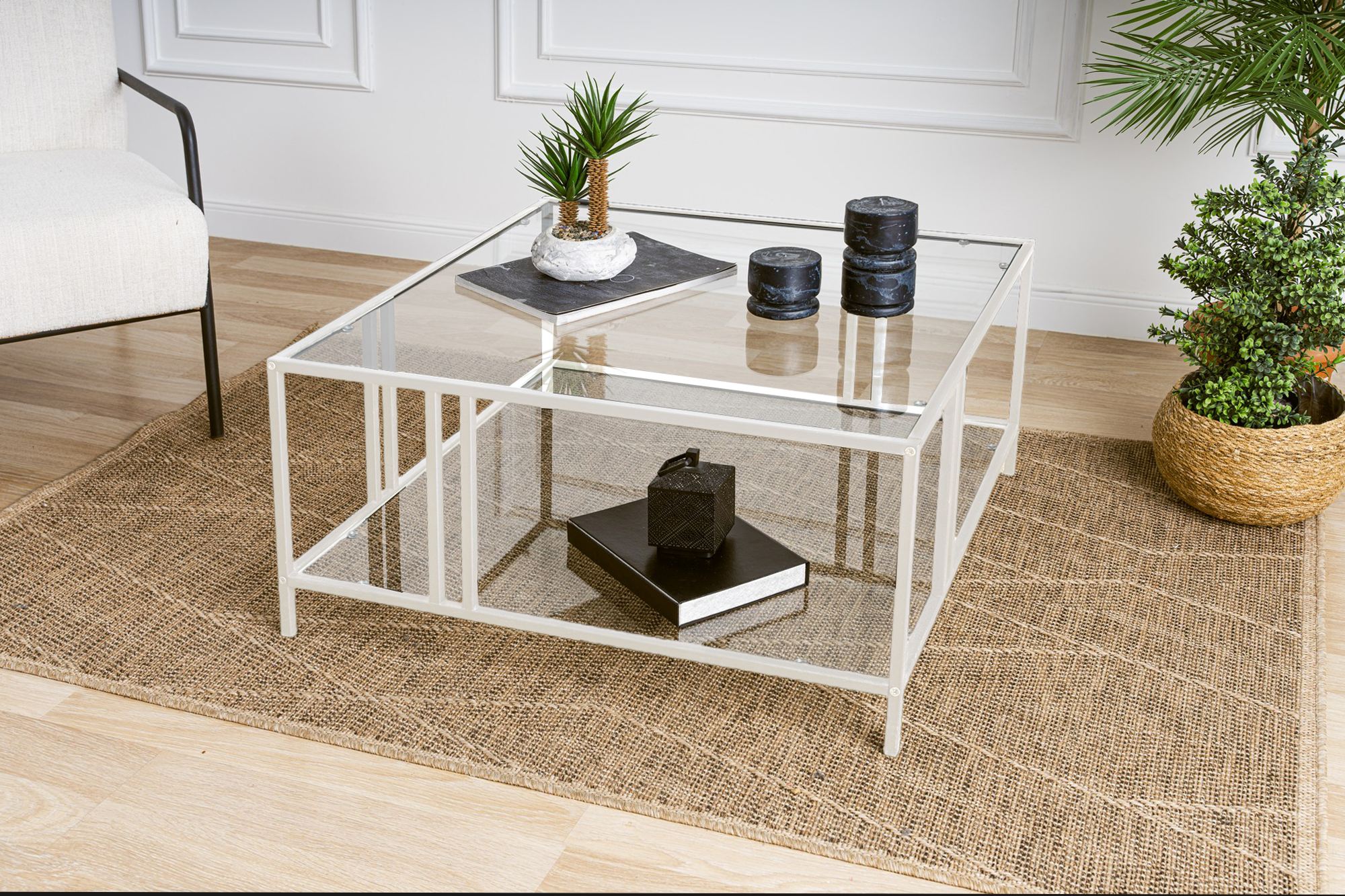 Mesa de Centro – 80 cm x 45 cm x 80 cm – Branco e Transparente – Vidro e Metal