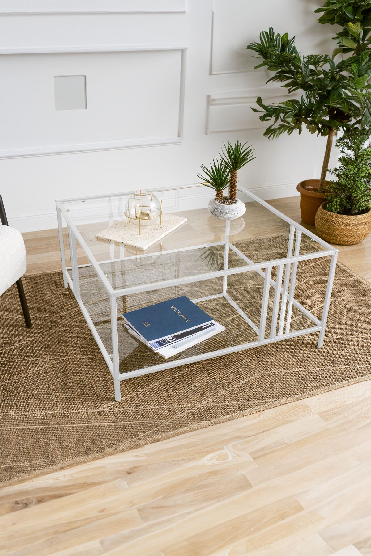 Mesa de Centro – 80 cm x 45 cm x 80 cm – Branco e Transparente – Vidro e Metal