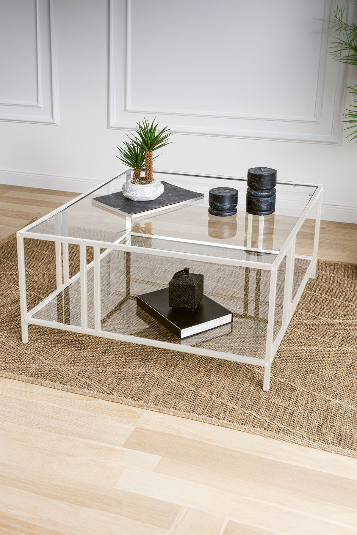 Mesa de Centro – 80 cm x 45 cm x 80 cm – Branco e Transparente – Vidro e Metal