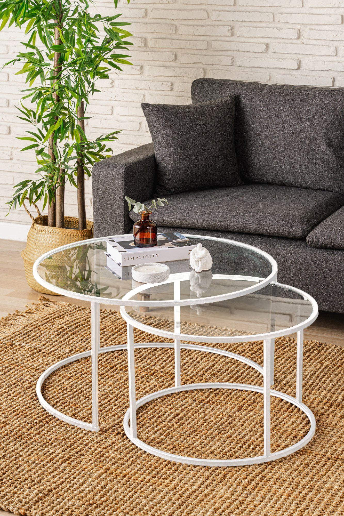 Mesa de Centro – 80 cm – Branco e Transparente – Vidro e Metal