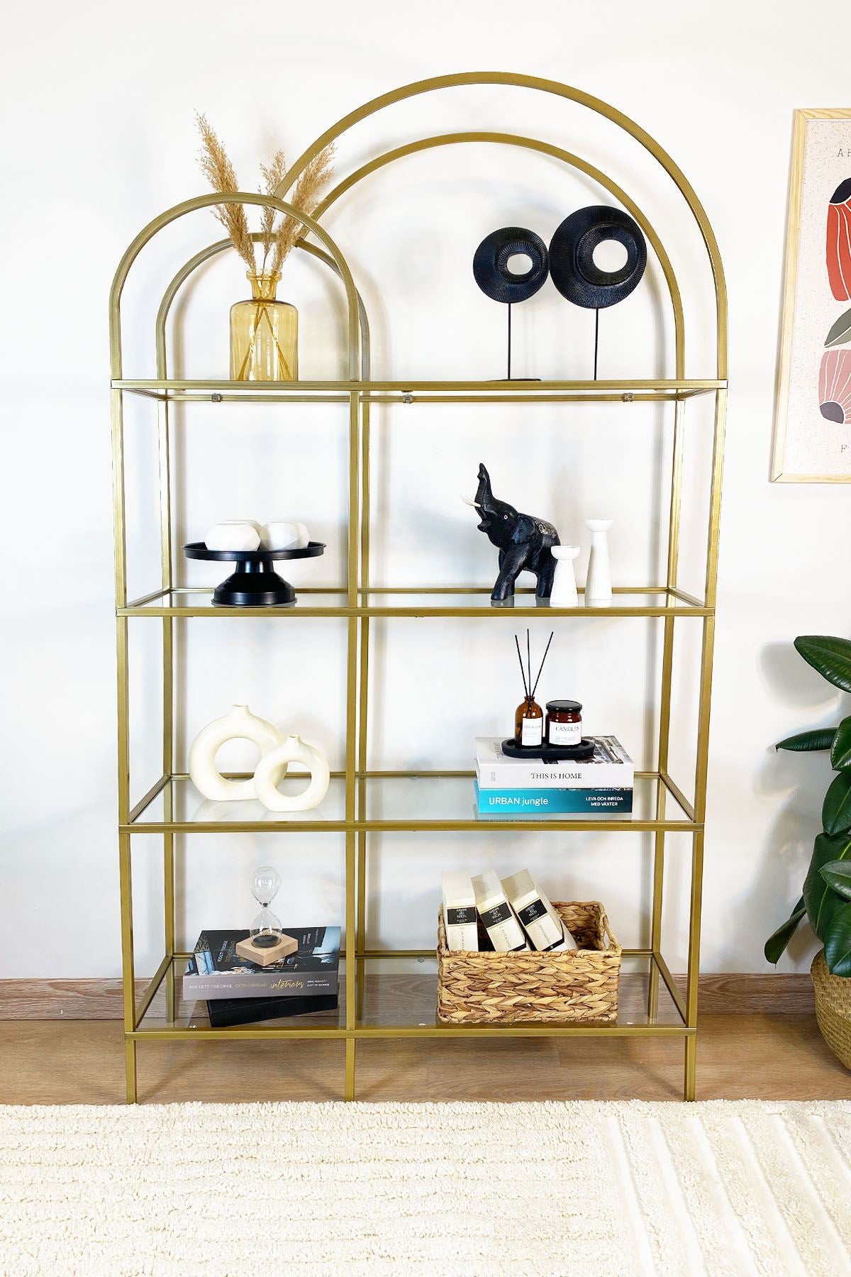 Estante de Livros – 100 cm x 175 cm x 30 cm – Dourado e Transparente – Metal e Vidro