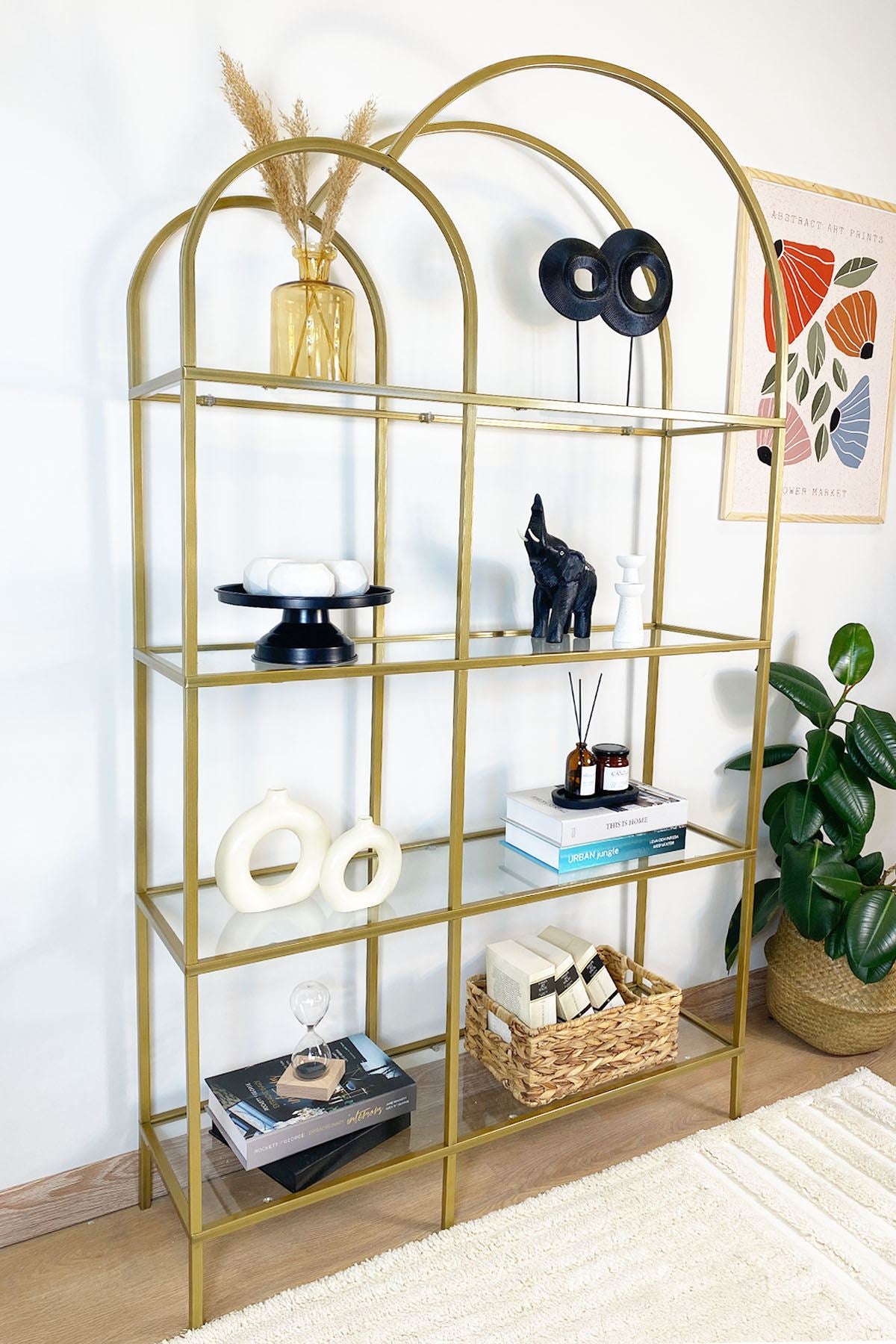 Estante de Livros – 100 cm x 175 cm x 30 cm – Dourado e Transparente – Metal e Vidro