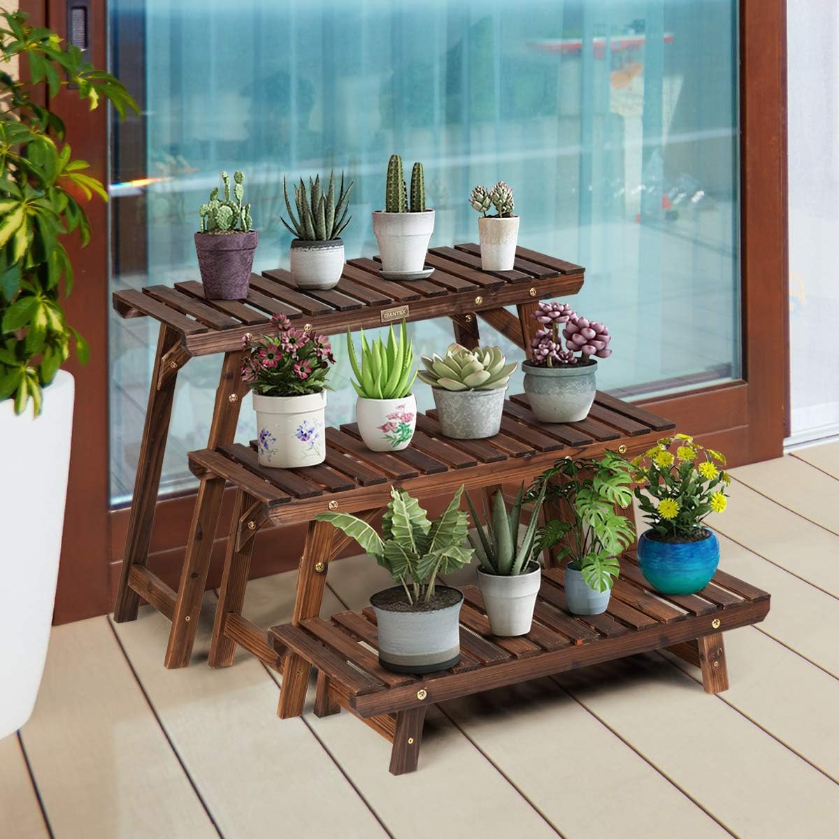 Suporte para Plantas em Madeira 3 Peças em Qualquer Combinação Escada para Flores Carbonizada para Interior e Exterior