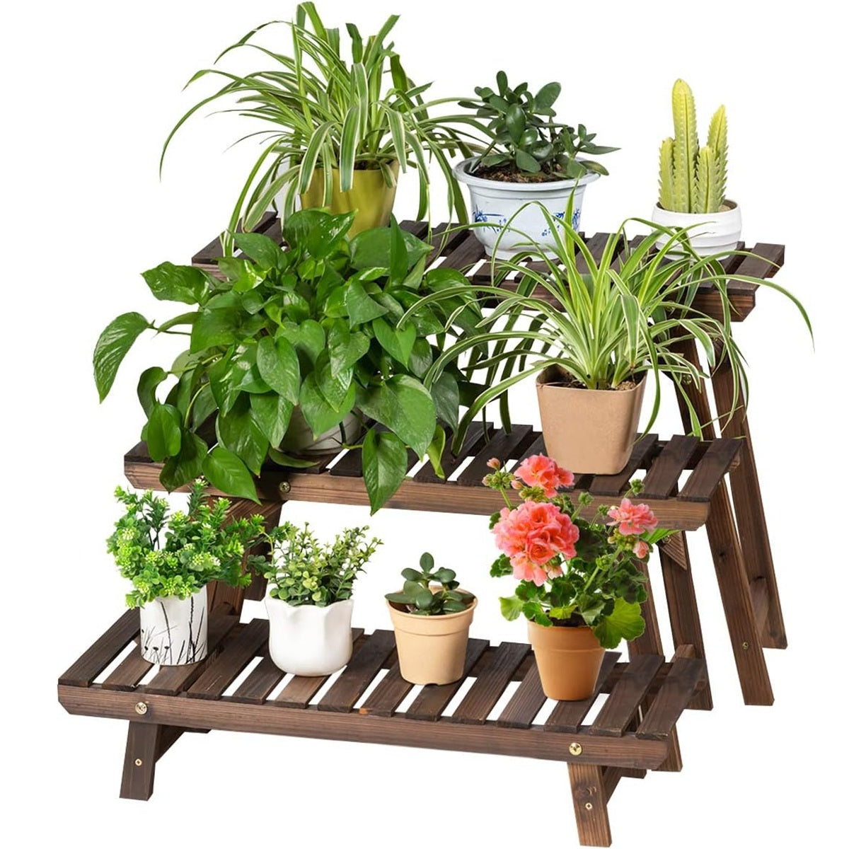 Suporte para Plantas em Madeira 3 Peças em Qualquer Combinação Escada para Flores Carbonizada para Interior e Exterior