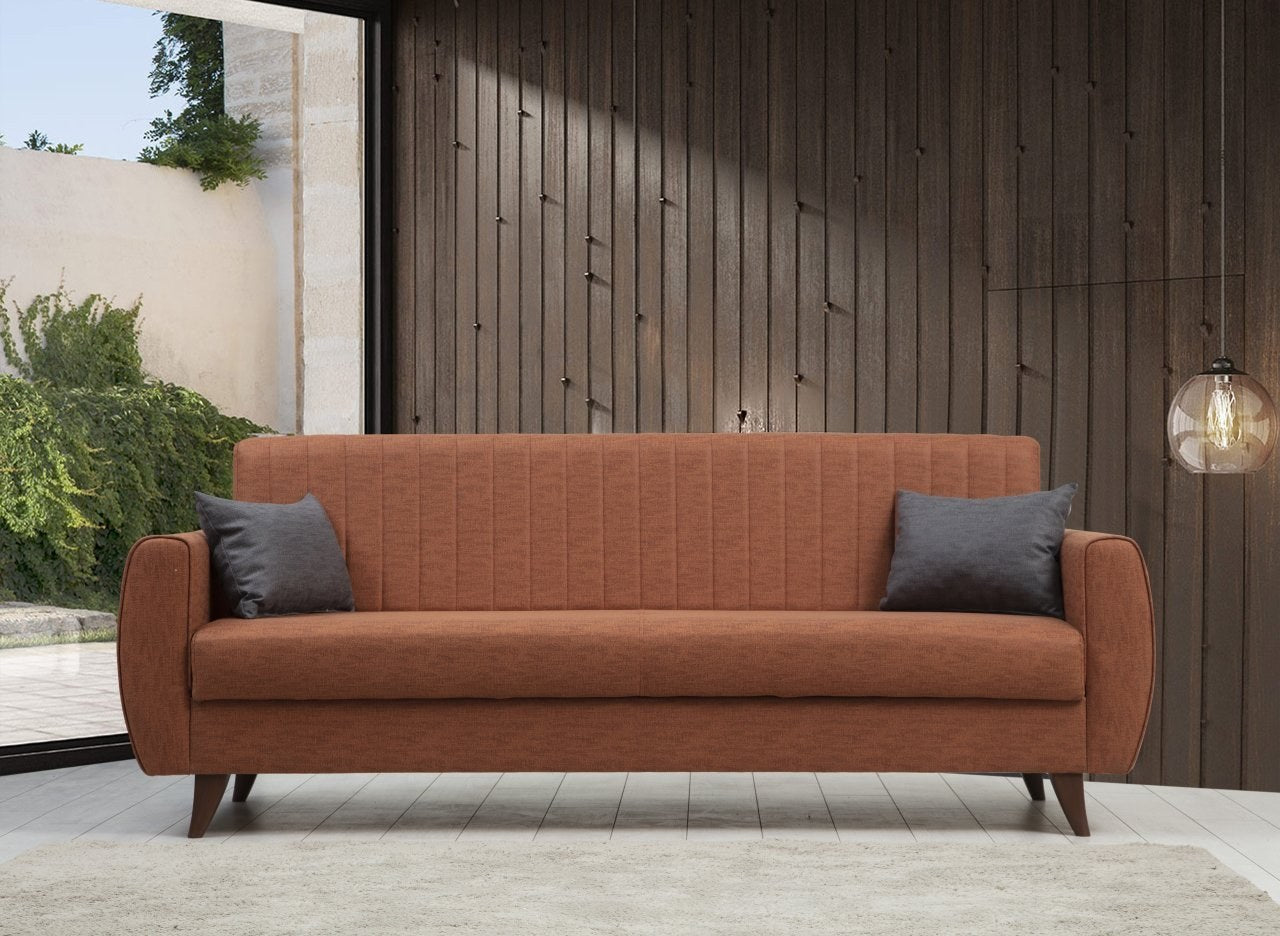 Sofá-cama de 3 lugares – 214 cm x 86 cm x 77 cm – Vermelho azulejo – Metal e madeira