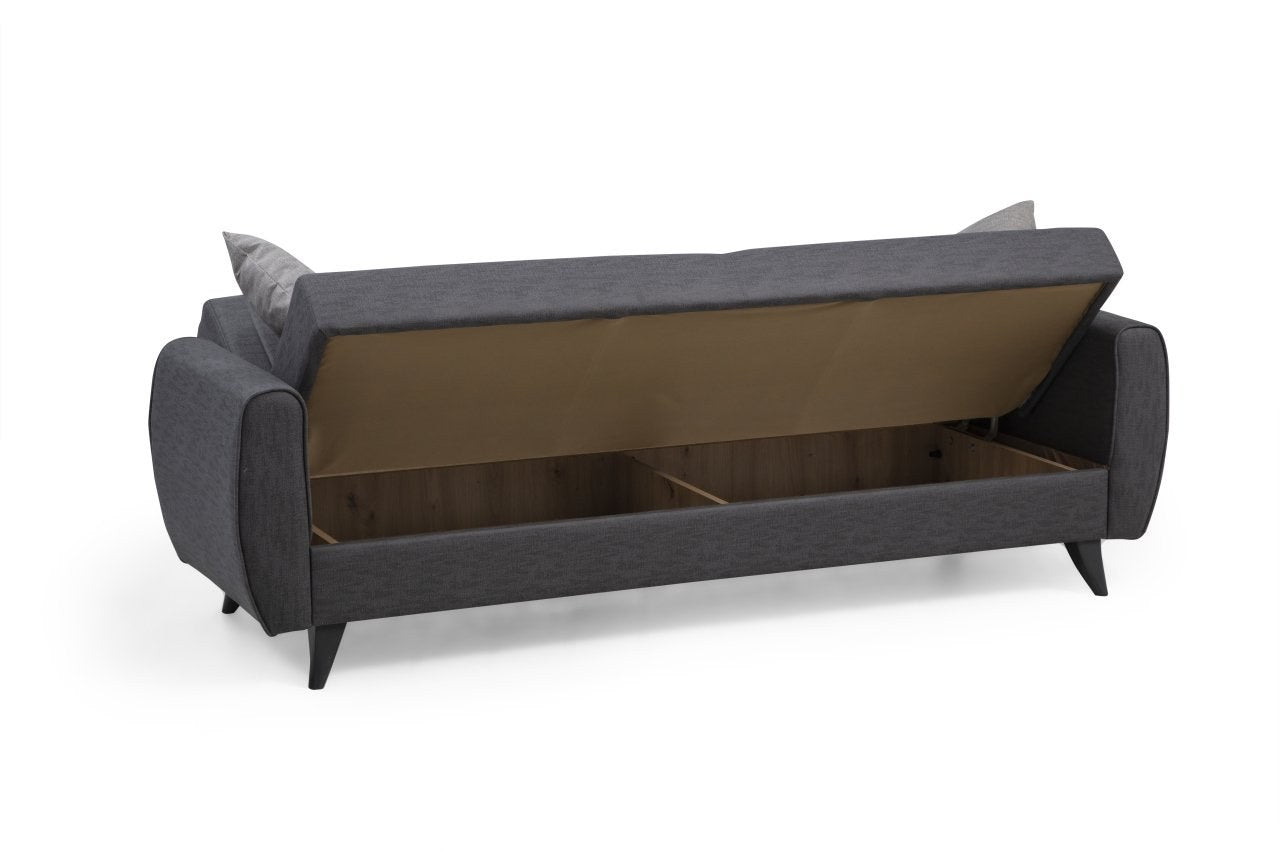 Sofá-cama de 3 lugares – 214 cm x 86 cm x 77 cm – Cinza escuro – Metal e Madeira