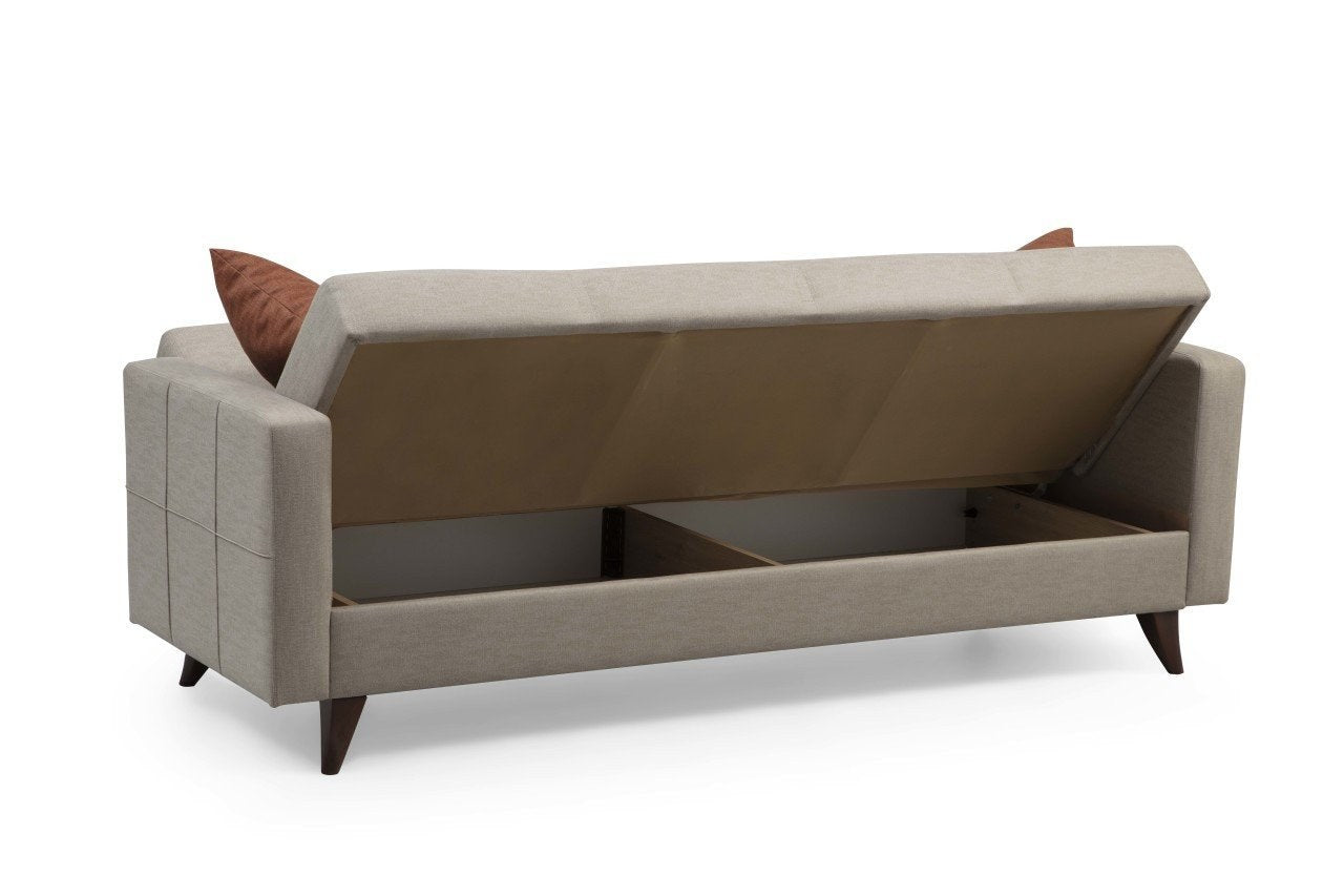 Sofá-cama de 3 lugares – 205 cm x 86 cm x 75 cm – Bege – Metal/Madeira