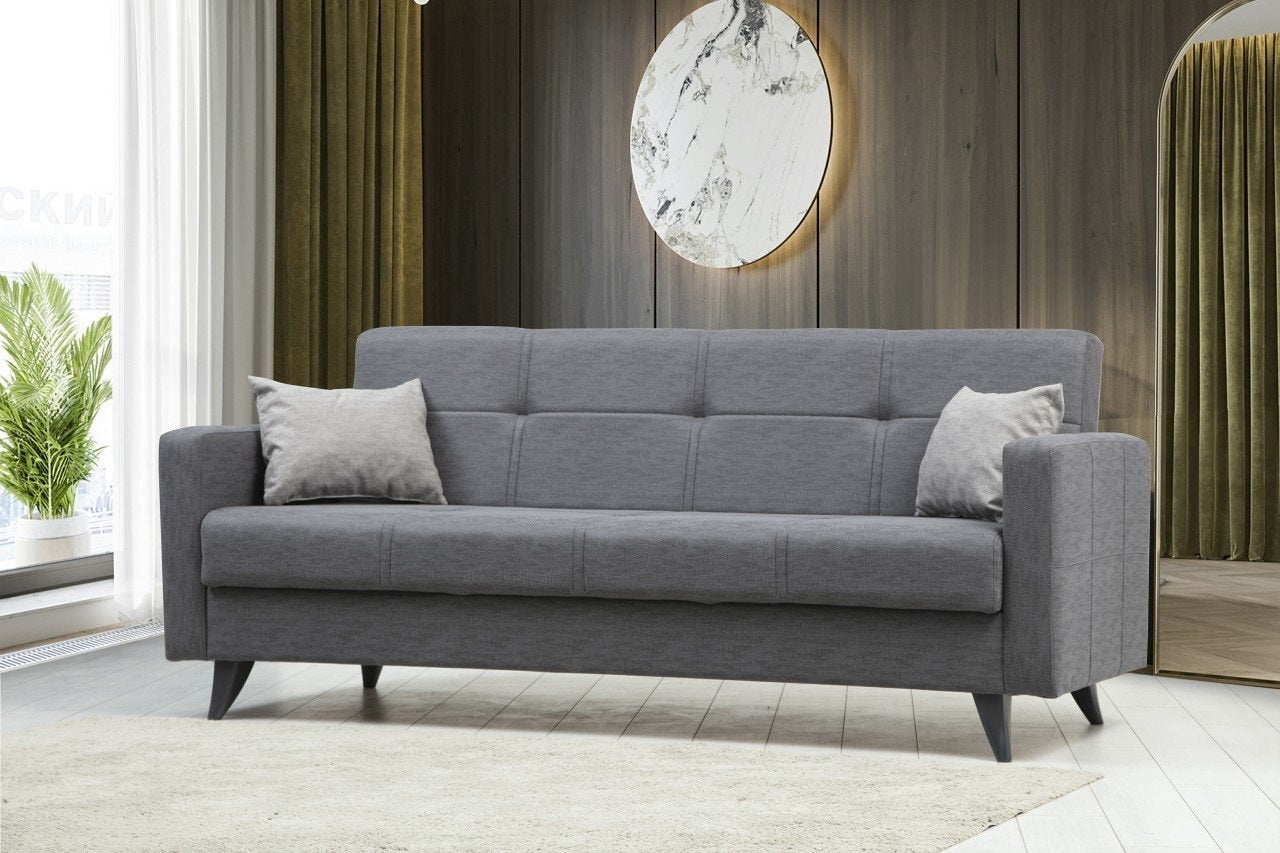 Sofá-Cama de 3 Lugares – 205x86x75 cm – Cinzento Escuro – Metálico e de Madeira