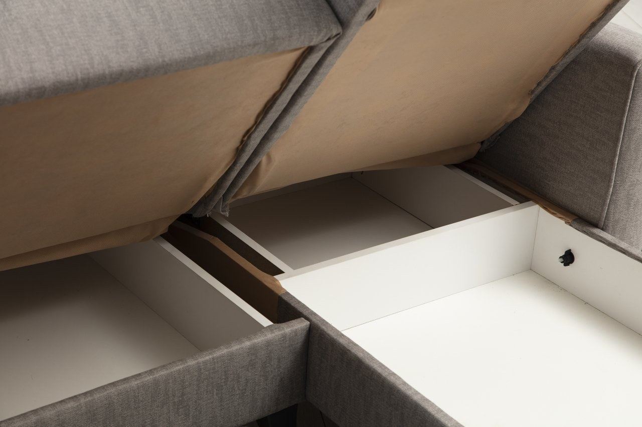 Sofá-cama de canto – 223x130 cm – Cinza claro – Poliéster, Metal e Madeira