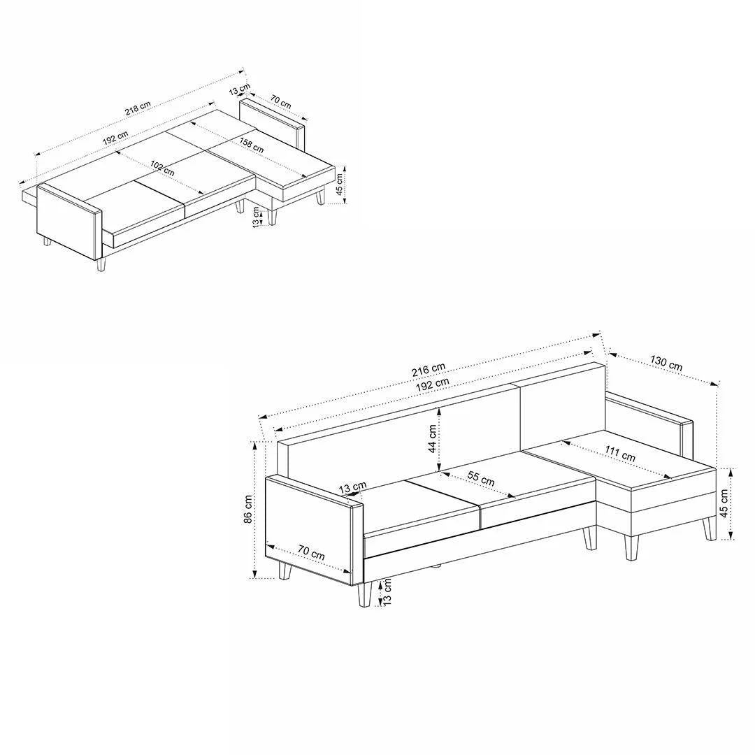 Sofá-cama de canto – 223x130 cm – Cinza claro – Poliéster, Metal e Madeira