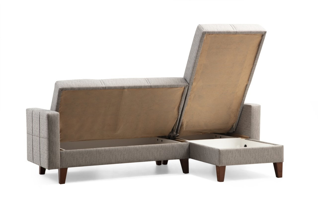 Sofá-cama de canto – 216cm x 130cm – Cinza claro – Metal/Madeira