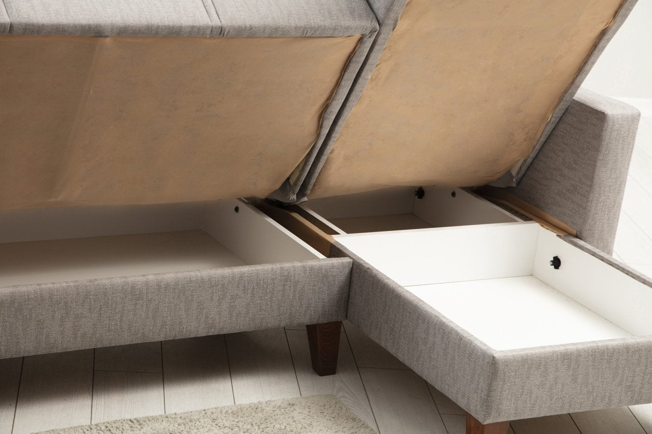 Sofá-cama de canto – 216cm x 130cm – Cinza claro – Metal/Madeira