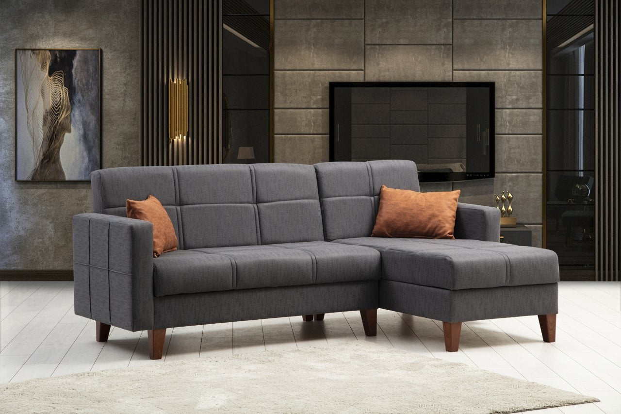 Sofá-cama de canto – 216 cm x 130 cm – Cinza escuro – Metal/Madeira