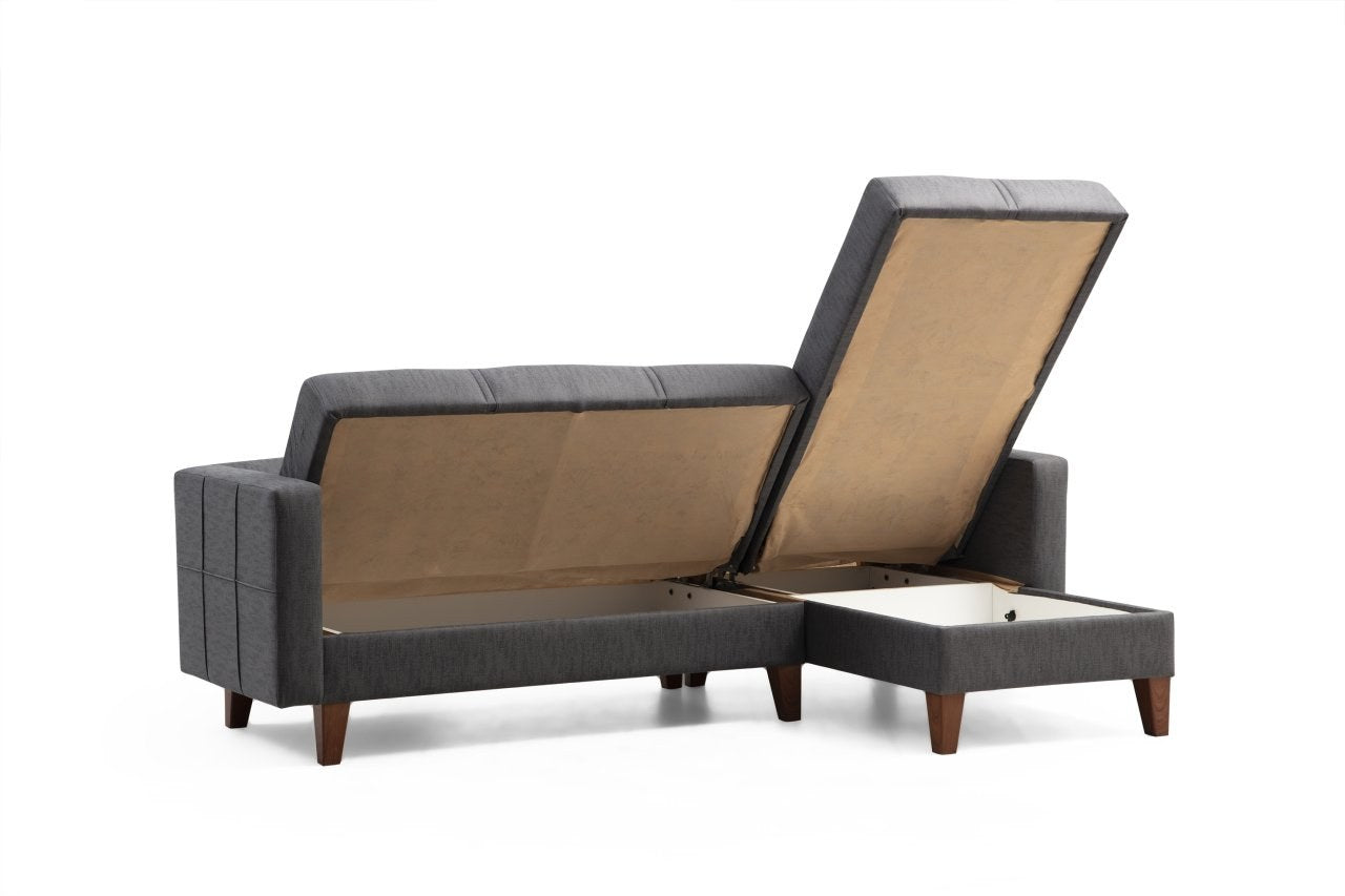 Sofá-cama de canto – 216 cm x 130 cm – Cinza escuro – Metal/Madeira