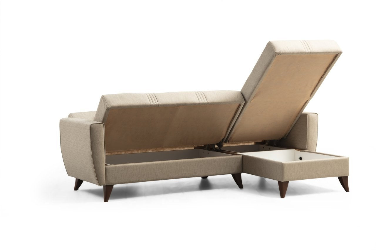 Sofá-cama de canto – 218 cm x 86 cm x 130 cm – bege – Metal/Madeira
