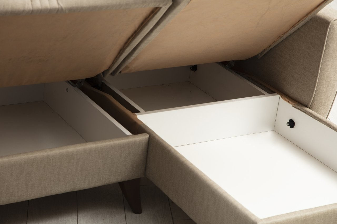 Sofá-cama de canto – 218 cm x 86 cm x 130 cm – bege – Metal/Madeira