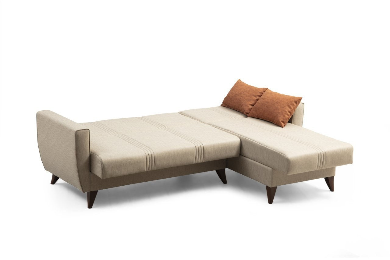Sofá-cama de canto – 218 cm x 86 cm x 130 cm – bege – Metal/Madeira