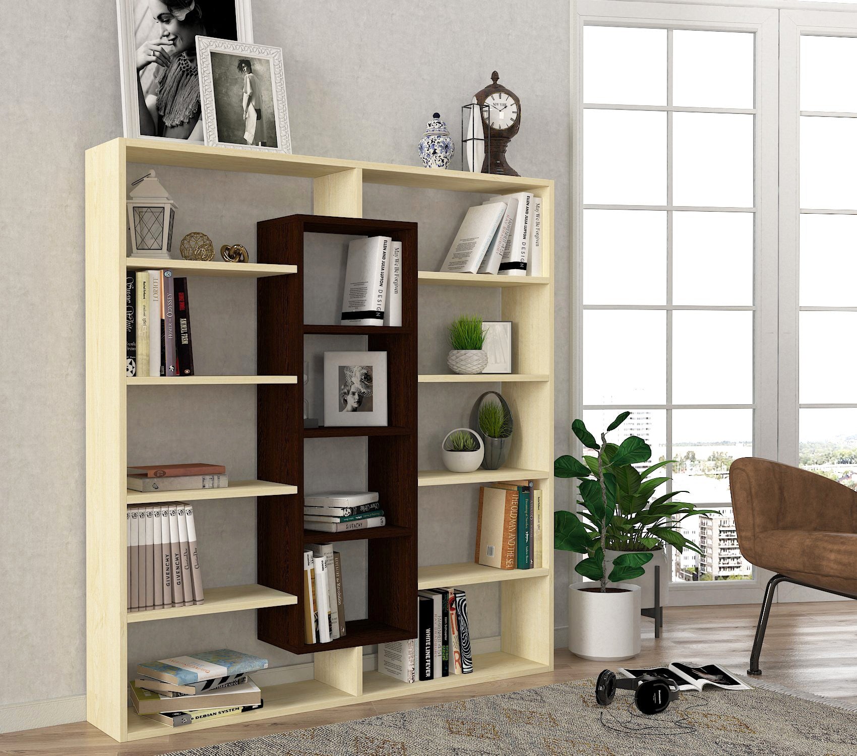 Estante de livros – 125cm x 135.7cm x 22cm – Wengué e Bétula – Painel de partículas