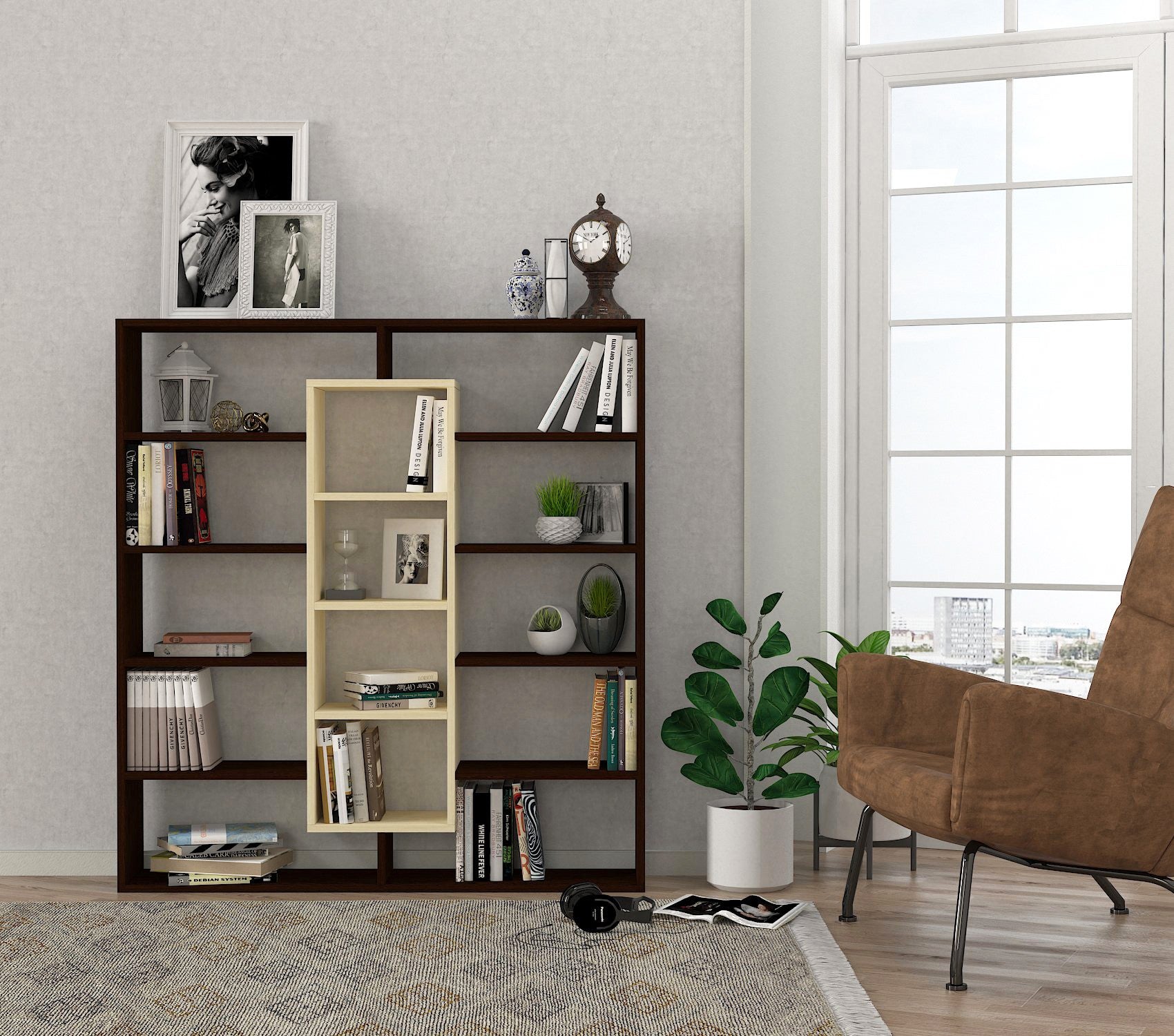 Estante de livros – 125 cm x 135.7 cm x 22 cm – Carvalho e castanho – Painel de partículas