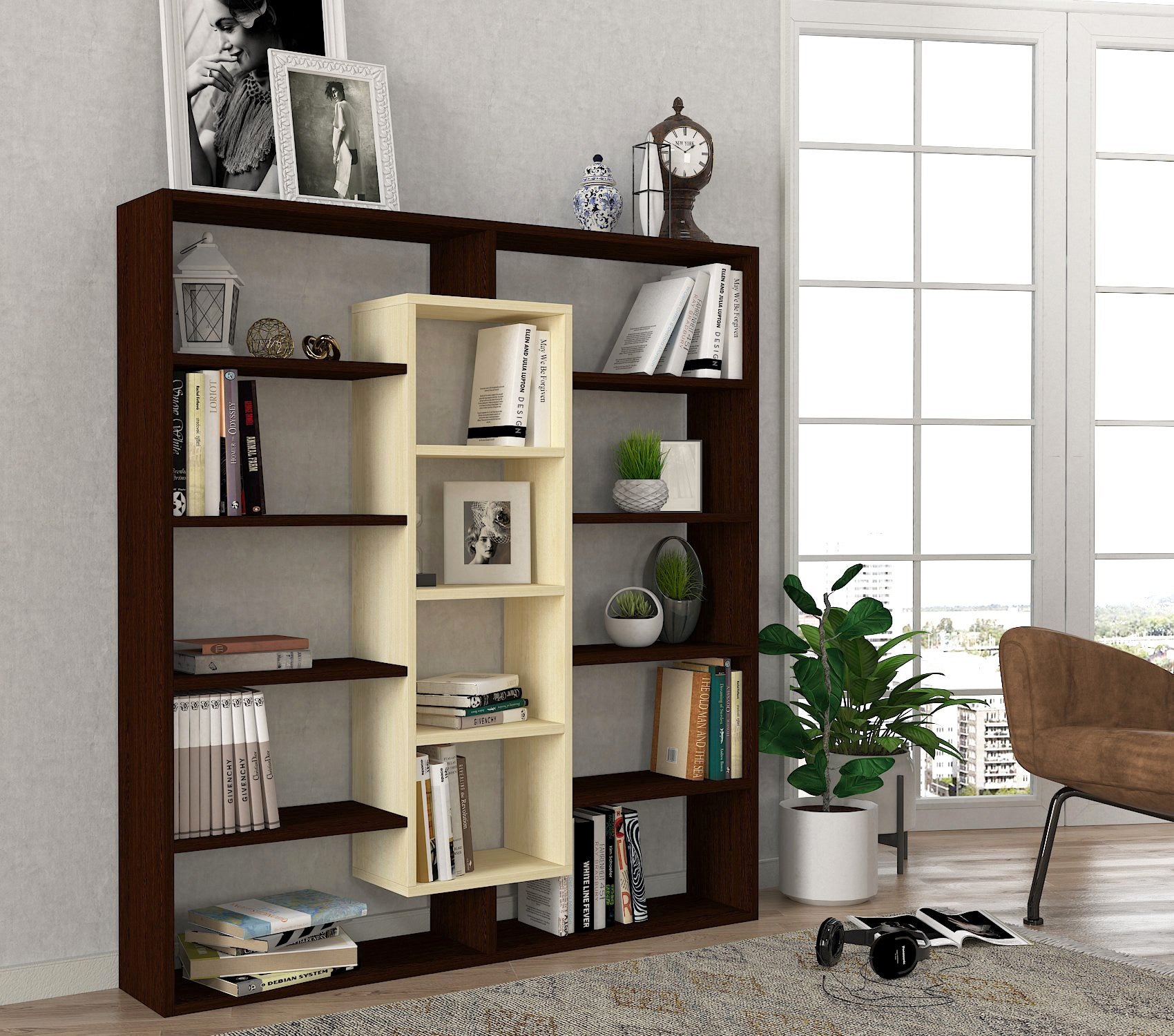 Estante de livros – 125 cm x 135.7 cm x 22 cm – Carvalho e castanho – Painel de partículas