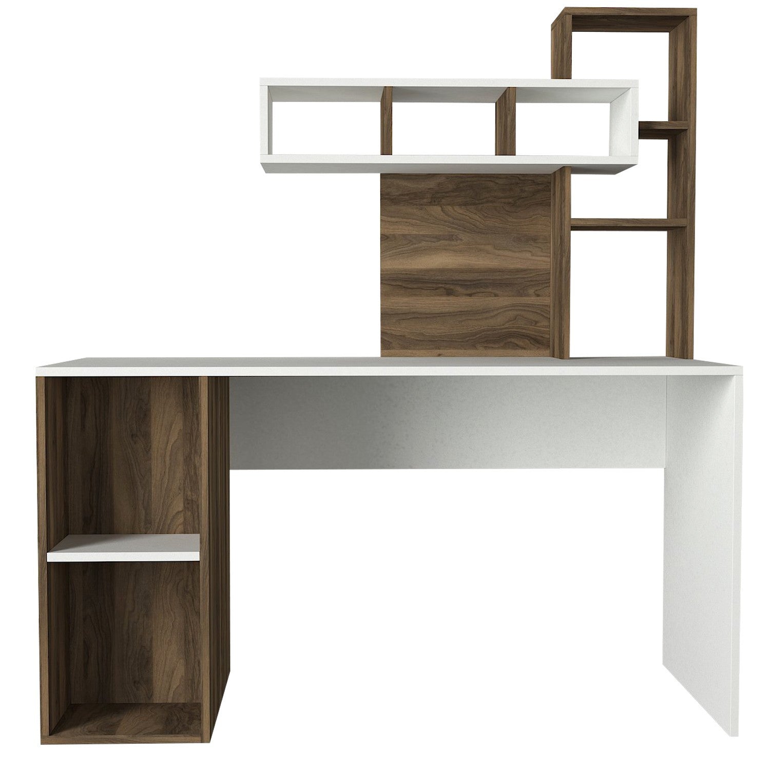 Secretária de Estudo – 140 cm x 153.8 cm x 60 cm – Branco e Nogueira – Painel de partículas