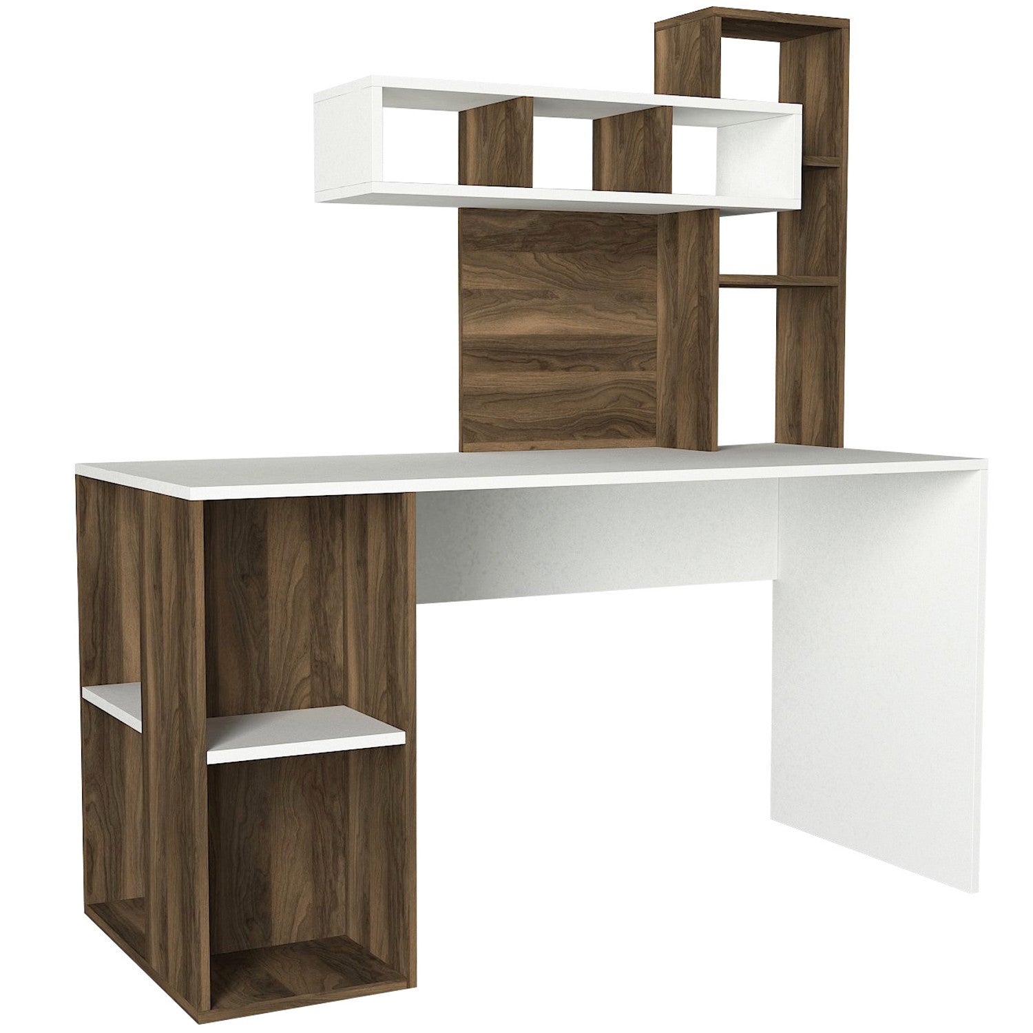 Secretária de Estudo – 140 cm x 153.8 cm x 60 cm – Branco e Nogueira – Painel de partículas