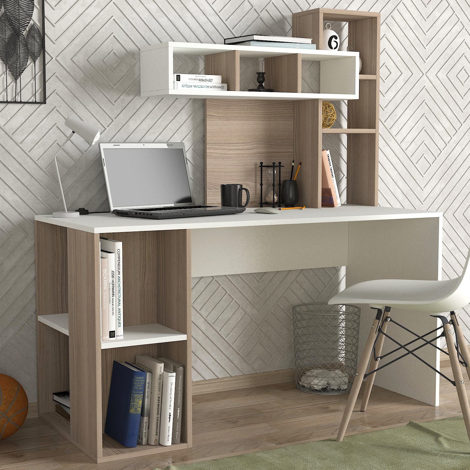 Secretária Escandinava com Estante – 140 x 60 x 153,8 cm – Branco e Cordoba – Melamina