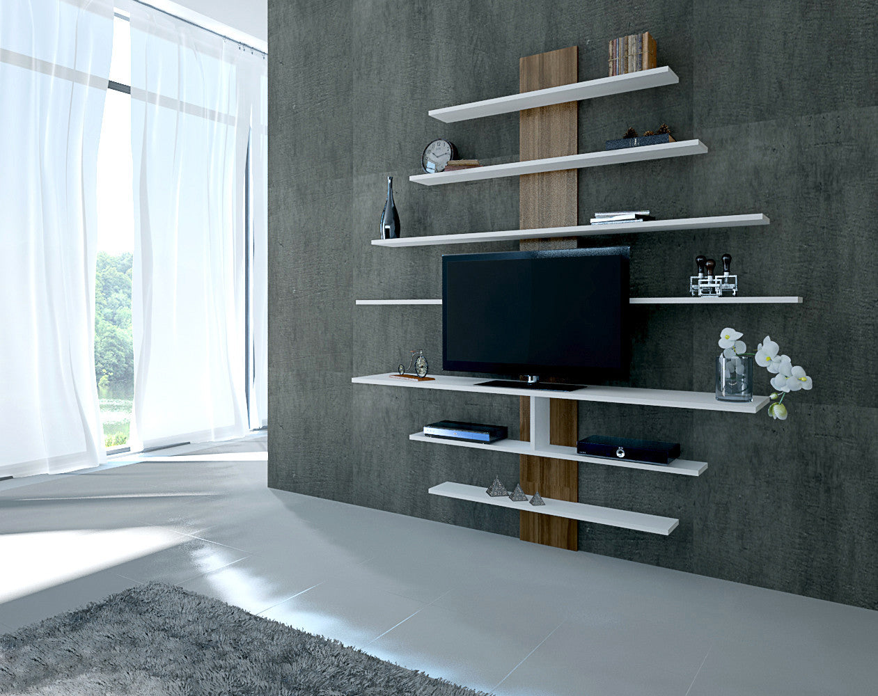 Móvel de TV moderno – 160 x 160 x 30 cm – Branco e Nogueira – Aglomerado revestido a melamina